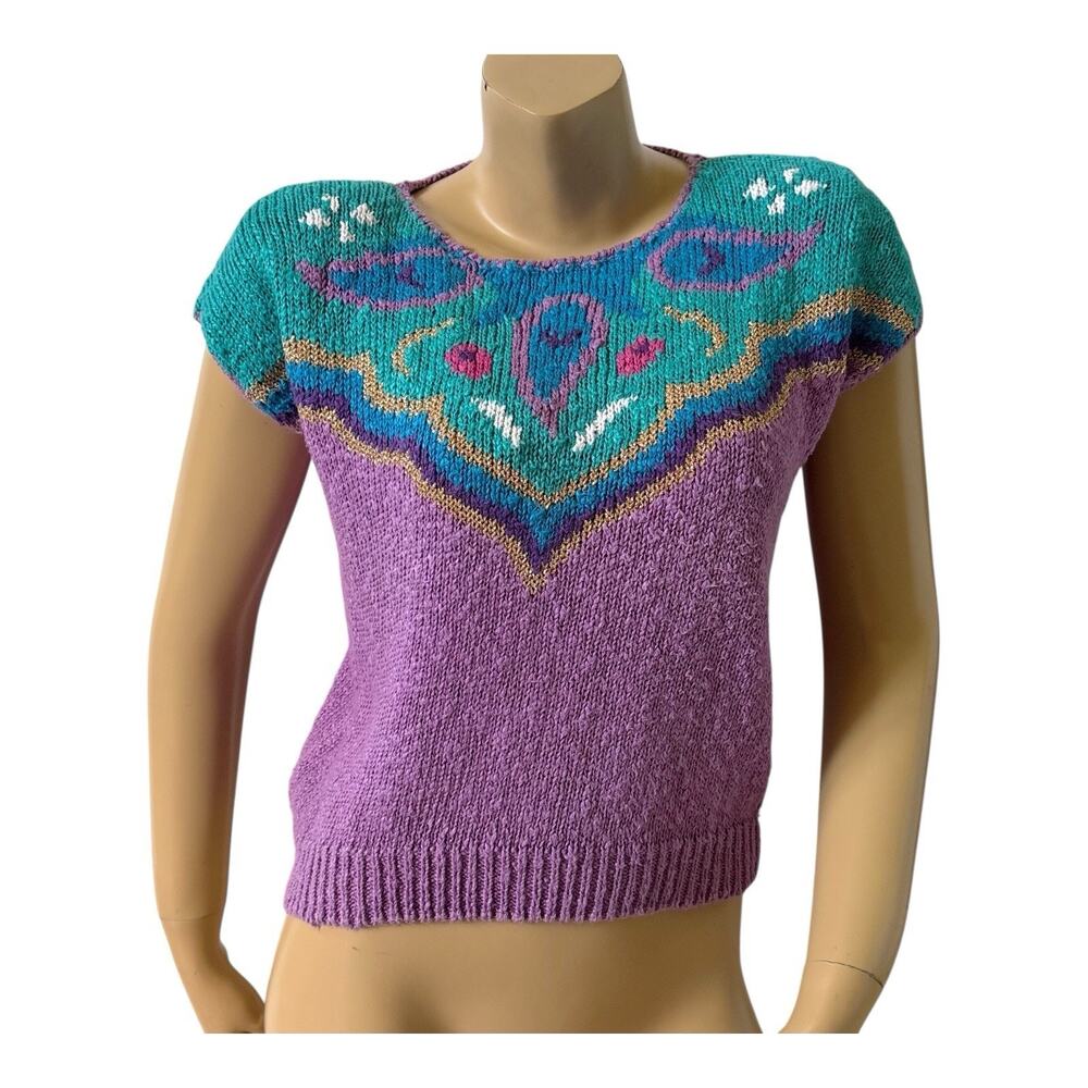 Vintage Segue Sweater Womens Medium Abstract Knit Shoulder Pads Cap Sleeve 80s